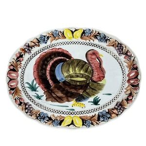 Vintage Lefton Turkey Serving Platter Oval 19" X 14.5" Painted Embossed Ceramic